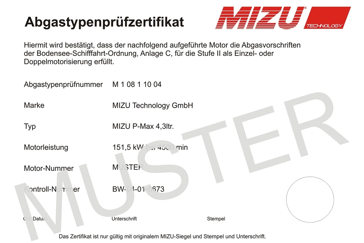 MIZU P-Max Bodenseezulassung für 3,0 Liter, 4 Zyli
